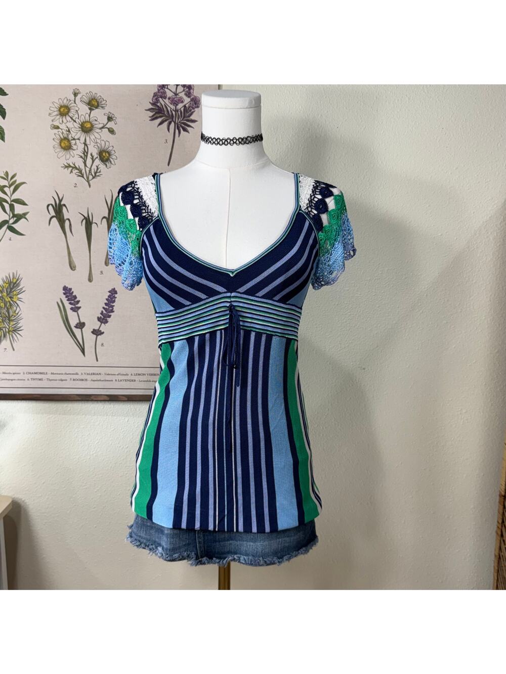 Y2k Striped Crochet Knit Babydoll Top SoCal Preppy Coastal Granddaughter Beach S - Picture 1 of 9